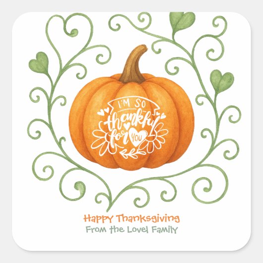 Happy Thanksgiving Thankful Scroll Pumpkin Quadratischer Aufkleber (Vorderseite)