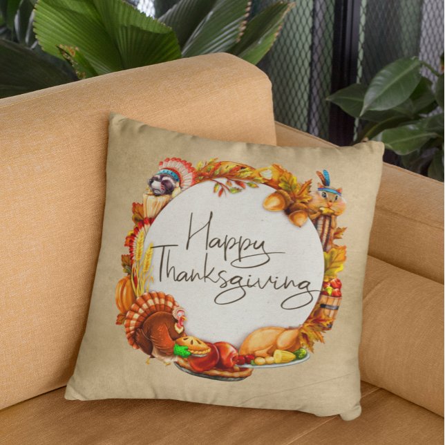 Happy Thanksgiving Tiere Türkei Wreath Herbst Kissen (Von Creator hochgeladen)