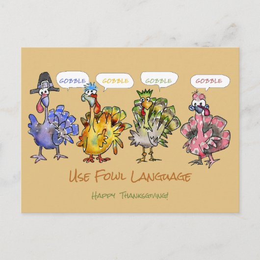 Happy Thanksgiving Trukeys Fowl Language Feiertagspostkarte (Vorderseite)