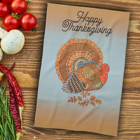 Happy Thanksgiving Turkey fanned Tail Orange Blue Geschirrtuch