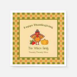 Happy Thanksgiving Turkey Pumpkin Gingham Pattern Serviette