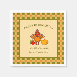 Happy Thanksgiving Turkey Pumpkin Gingham Pattern Serviette