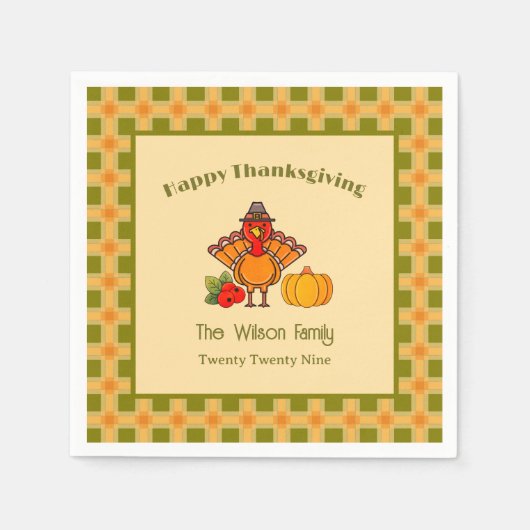 Happy Thanksgiving Turkey Pumpkin Gingham Pattern Serviette (Vorderseite)