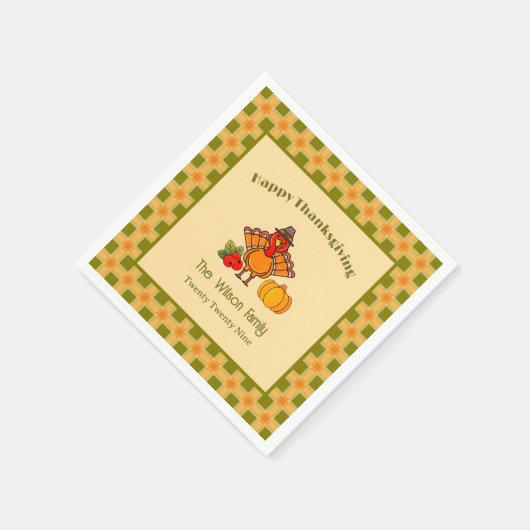 Happy Thanksgiving Turkey Pumpkin Gingham Pattern Serviette (Ecke)