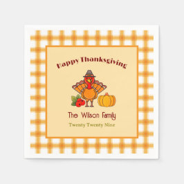 Happy Thanksgiving Turkey Pumpkin Gingham Pattern Serviette