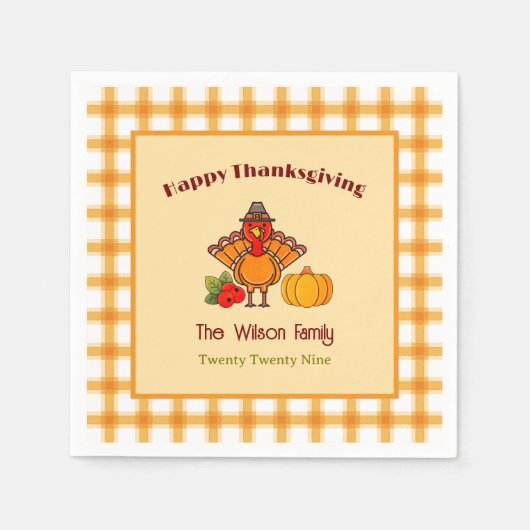Happy Thanksgiving Turkey Pumpkin Gingham Pattern Serviette (Vorderseite)