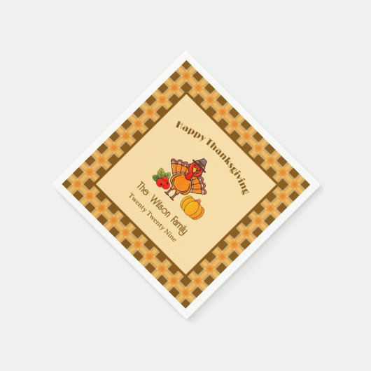 Happy Thanksgiving Turkey Pumpkin Gingham Pattern Serviette (Ecke)