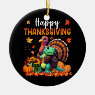 Happy Thanksgiving Turkey umarmt Dinosaurier-Freun Keramik Ornament