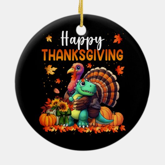 Happy Thanksgiving Turkey umarmt Dinosaurier-Freun Keramik Ornament (Hinten)