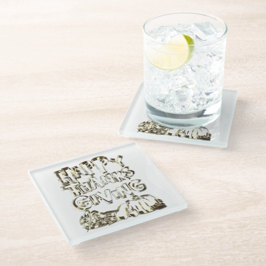 Happy Thanksgiving Typografie Gold Harvest Pumpkin Glasuntersetzer (Schrägansicht)