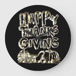 Happy Thanksgiving Typografie Gold Harvest Pumpkin Große Wanduhr