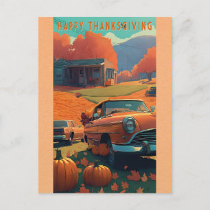 Happy Thanksgiving Vintage Car Orange Pumpkin Postkarte