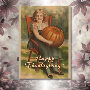 Happy Thanksgiving   Vintages Mädchen mit Pumpkin Karte