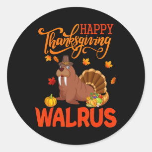 Happy Thanksgiving Walrus Kostüm Türkei Fall Leav Runder Aufkleber