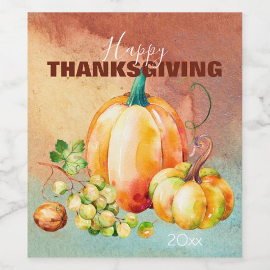 Happy Thanksgiving Wassercolor Pumpkin Weinkarte Weinetikett (Einzelnes Label)