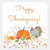 Happy Thanksgiving Watercolor Pumpkin & Turkey Quadratischer Aufkleber (Vorderseite)