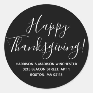 Happy Thanksgiving White Black Rücksendeadresse Runder Aufkleber