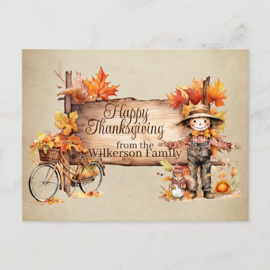 Happy Thanksgiving Wood Sign & Herbst Szene Postkarte (Vorderseite)