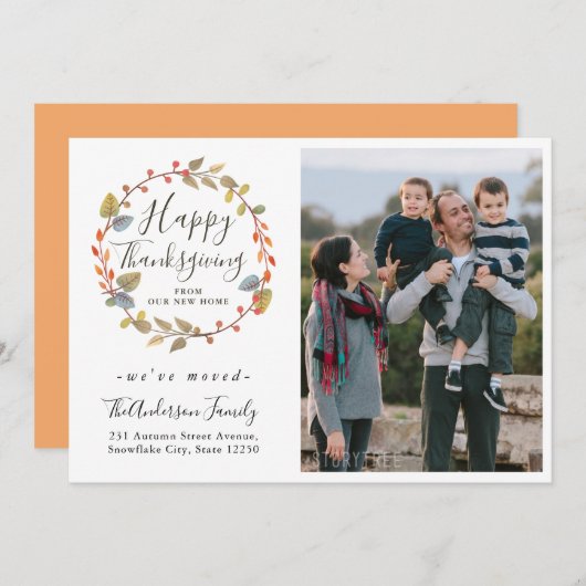 Happy Thanksgiving Wreath Foto Holiday Moving Ankündigung (Vorne/Hinten)