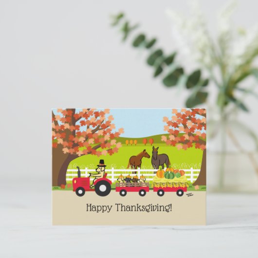 Happy Thanksgiving Yellow Labrador Traktor Postkarte (Stehend Vorderseite)