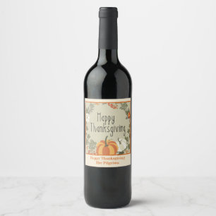 Happy Thanksgivng Wreath w Pumpkin Weinlabel Weinetikett