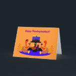 Happy Thanksgivukkah Funny Turkey Grußkarte Feiertagskarte<br><div class="desc">Eine humorvolle originale c.a.teresa Illustration Grußkarte oder Einladung mit ein paar Wein toasting Truthühner, eine mit Yamaka, an einem Abendtisch mit einer Menorah und Stern von David. Die perfekte Mischung aus Erntedank und Hanukka, die dieses Jahr zusammenfallen wird. Diese farbenfrohen Festkarten können auch im Inneren mit Ihrem eigenen Foto oder...</div>