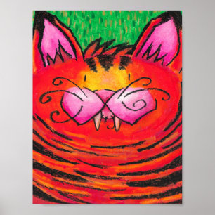 Happy Tiger Cat in Oil Pastel auf Green Poster