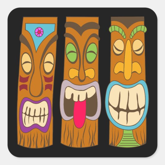 Happy Tiki Statues, Funny Black Quadratischer Aufkleber (Vorderseite)