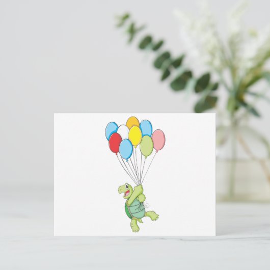 Happy Tortoise Flying on Balloons Postkarte (Stehend Vorderseite)