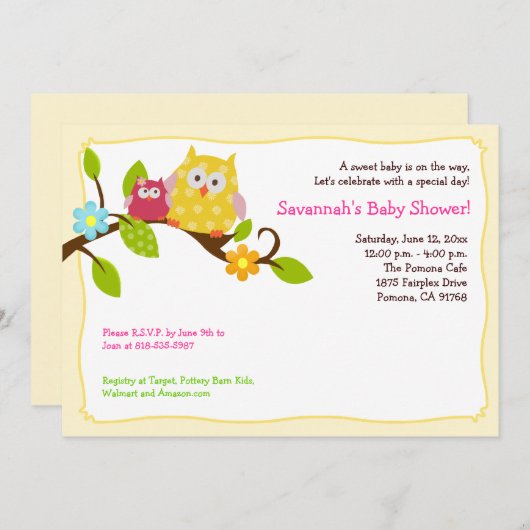 Happy Tree Owls 12x18 Baby Dusche Einladung (Vorne/Hinten)