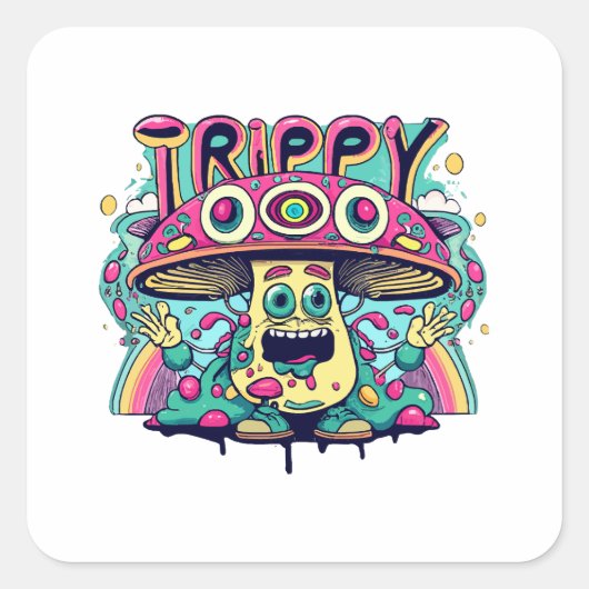 Happy Trippy Mushroom Quadratischer Aufkleber (Vorderseite)