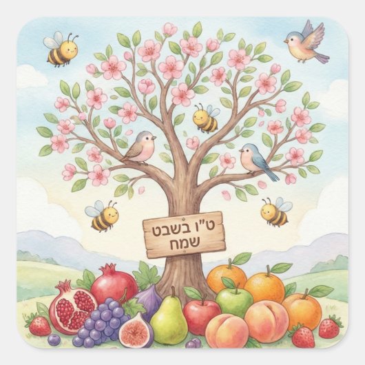 Happy Tu B'Shevat – Colorful Blossom & Fruit Quadratischer Aufkleber (Vorderseite)