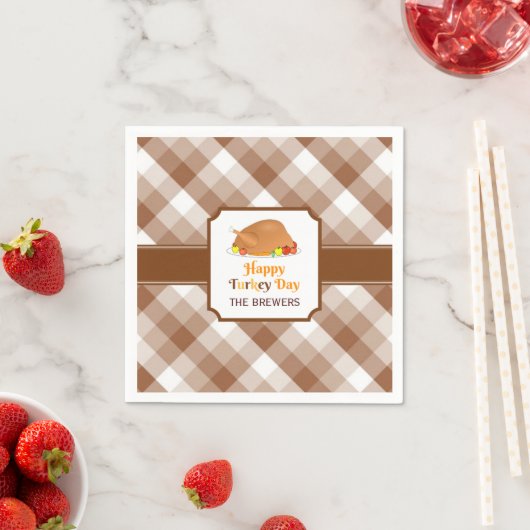 Happy Turkey Day Brown Checkered Paper Napkin Serviette (Beispiel)