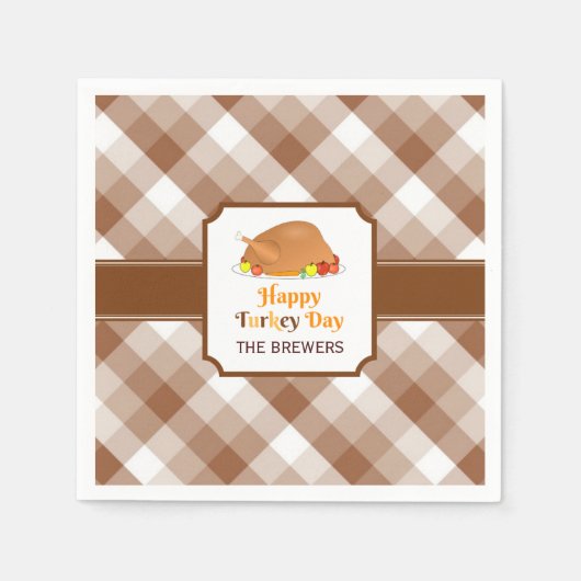 Happy Turkey Day Brown Checkered Paper Napkin Serviette (Vorderseite)