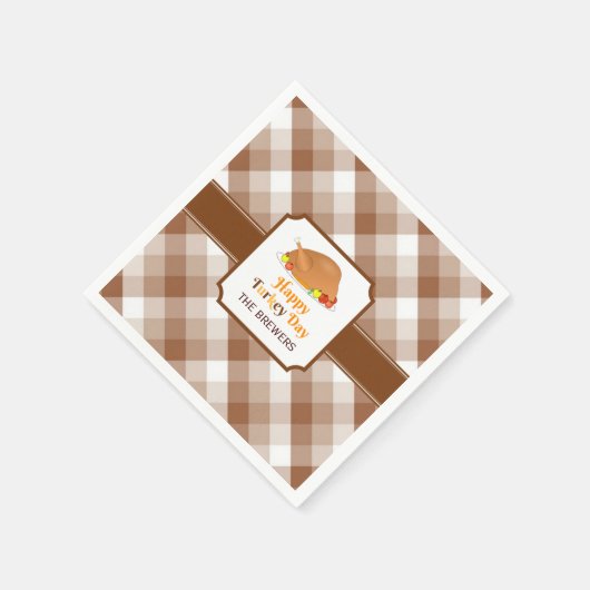 Happy Turkey Day Brown Checkered Paper Napkin Serviette (Ecke)