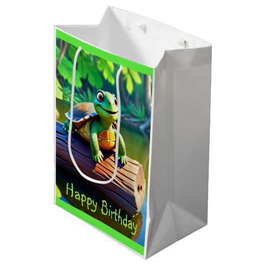 Happy Turtle Medium Geschenktasche Mittlere Geschenktüte (Vorderseite Schrägansicht)