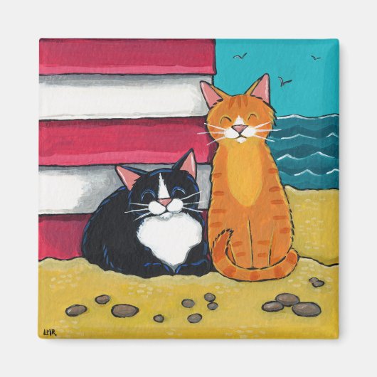 Happy Tuxedo und Tabby Cat am Strand Magnet (Vorne)