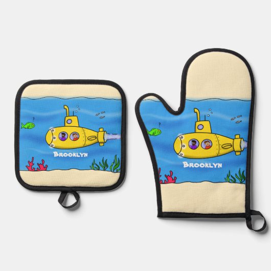 Happy U-Boot-Cartoon Ofenhandschuh & Topflappen-Set (Vorderseite)