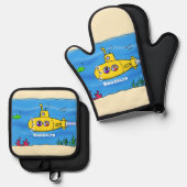 Happy U-Boot-Cartoon Ofenhandschuh & Topflappen-Set (Vorderseite/Rückseite)