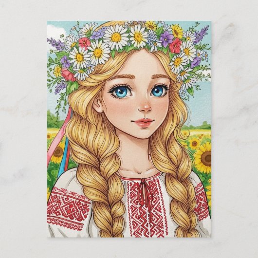 Happy Ukrainian Girl Blume Wreath Postcard Postkarte (Vorderseite)