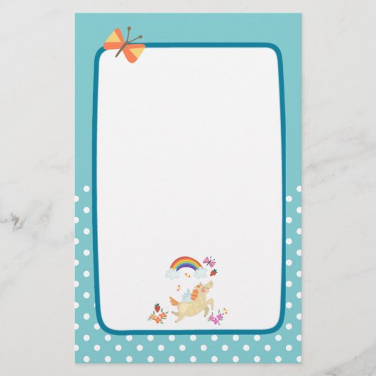 Happy Unicorn mit Regenbogenwolken und Blume Briefpapier (Vorderseite)