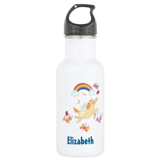 Happy Unicorn mit Regenbogenwolken und Blume Trinkflasche (Vorderseite)