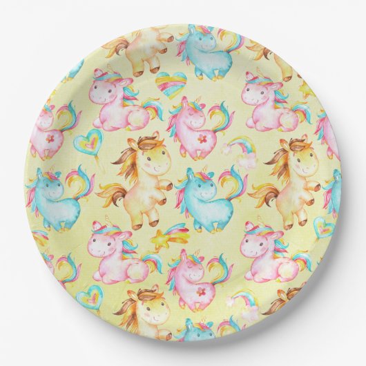 Happy Unicorns Pattern-Einhorn-Liebe in Gelb Pappteller (Vorderseite)