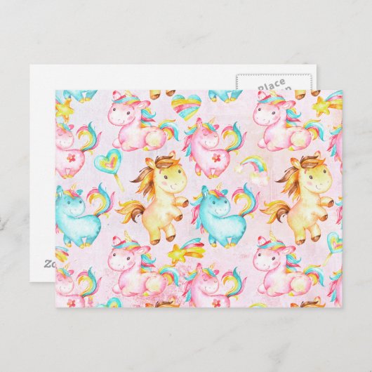 Happy Unicorns Pattern-Einhorn-Liebe in Rosa Postkarte (Vorne/Hinten)