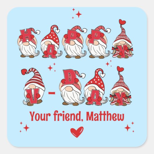 Happy V-Day Gnome Lettering Blue Classroom Quadratischer Aufkleber (Vorderseite)