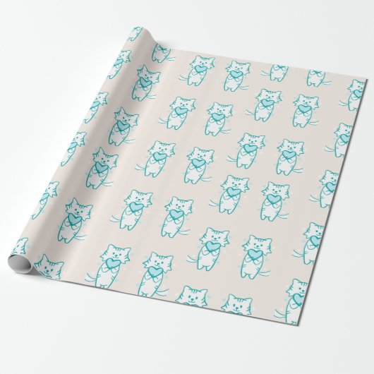 Happy Valentine Aquamarin Kitty Geschenkpapier (Ungerollt)
