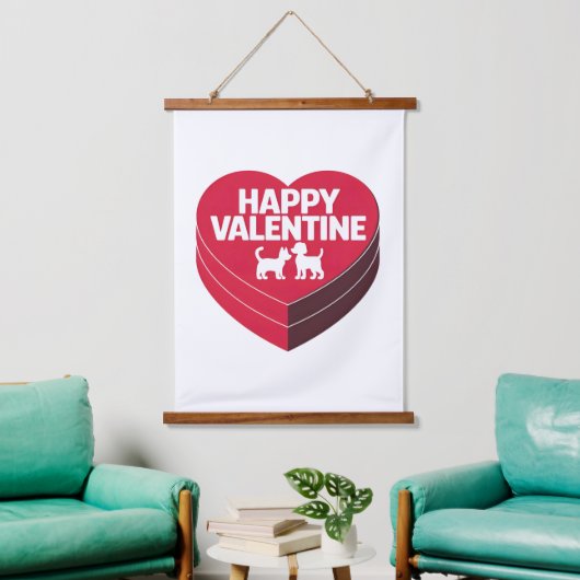 Happy Valentine, Box of Chocs & Furry Silhouette Wandteppich Mit Holzrahmen (Wohnzimmer)