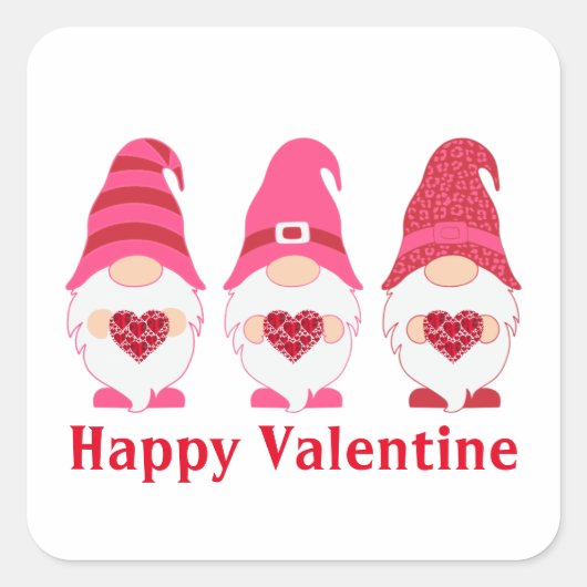Happy Valentine Gnomes Hearts Quadratischer Aufkleber (Vorderseite)