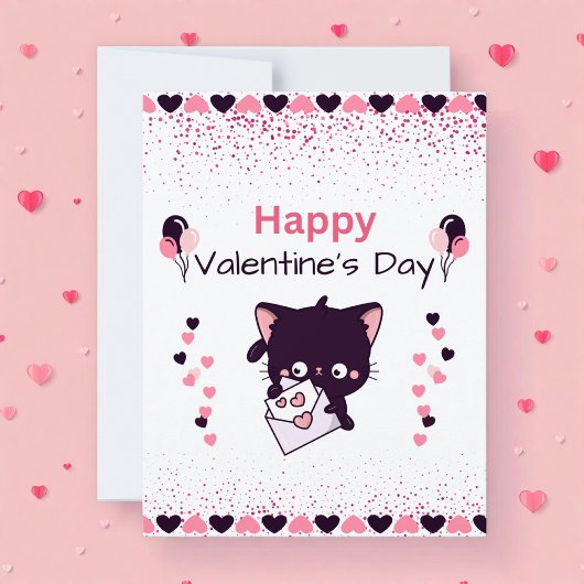 Happy Valentine’s Day Kawaii Cat Kids Flat Card