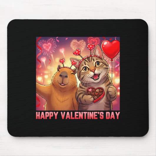 Happy Valentines 2026 Cute Cat Capybara Party Art Mousepad (Vorne)